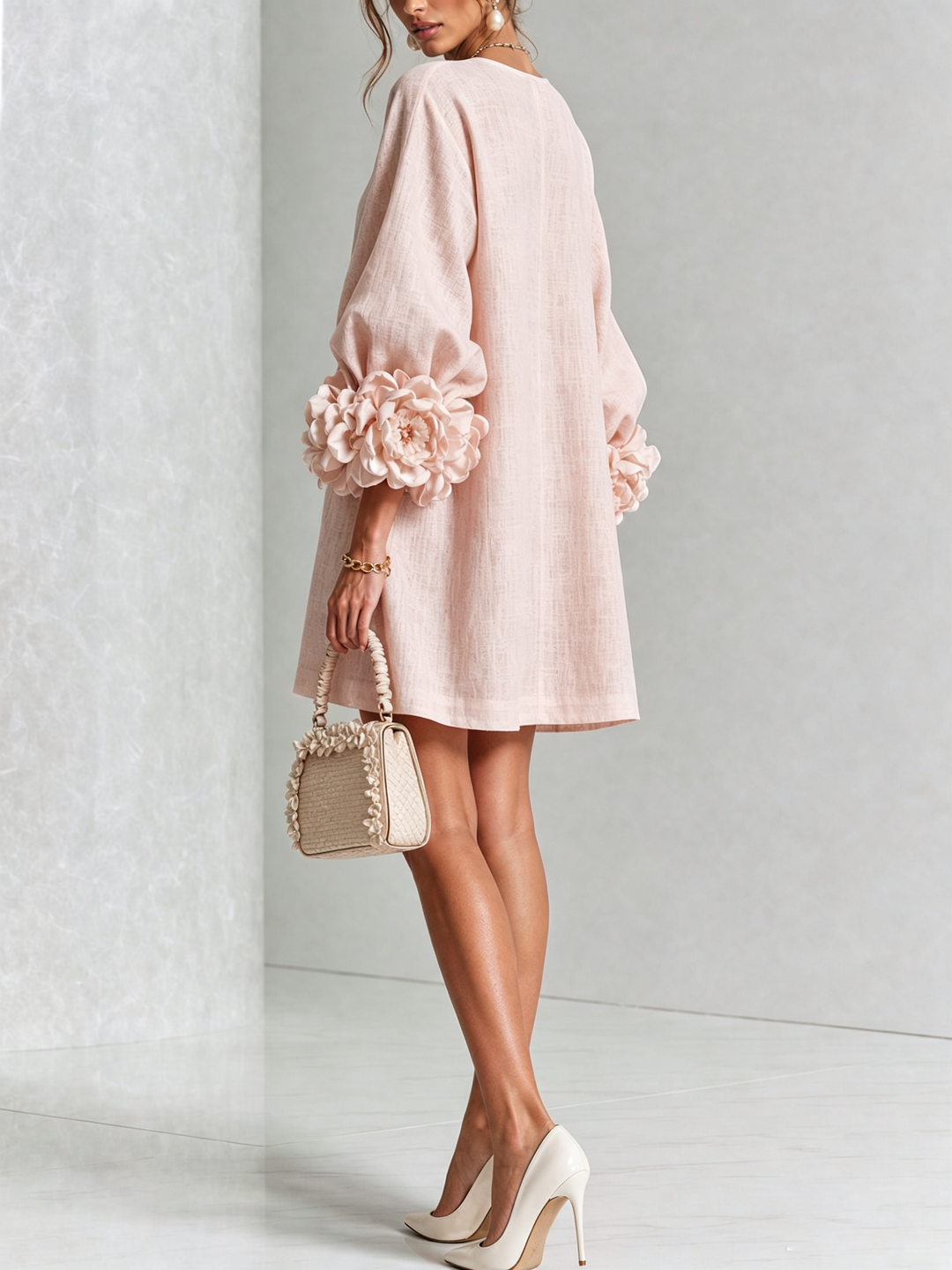 VYNEXA | FLORAL-CUFF BUTTON-FRONT MINI DRESS