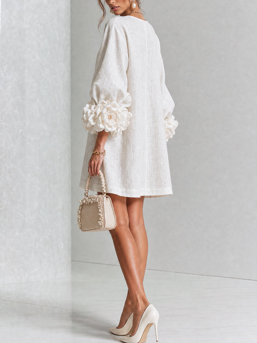VYNEXA | FLORAL-CUFF BUTTON-FRONT MINI DRESS