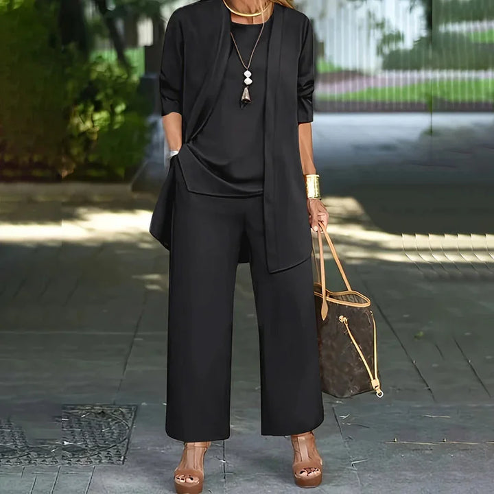 Laney™ Elegant Casual Three-Piece Set | Coordinated Top, Cardigan &amp; Wide-Leg Trousers
