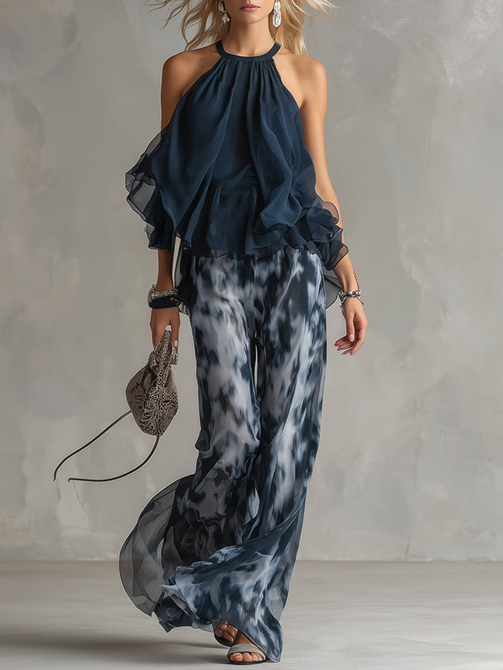 Olivia – Elegant chiffon set with high-neck top and wide-leg printed trousers
