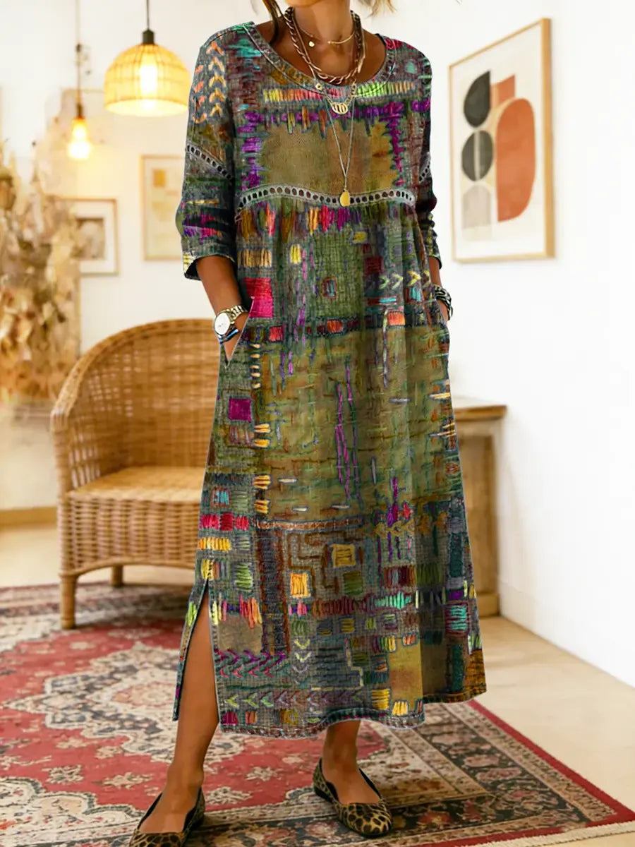 Manuela Printed Dress with Ethnic Patchwork