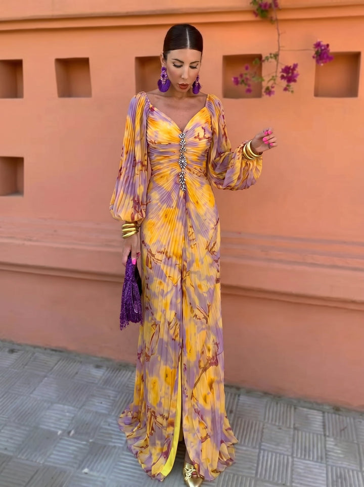 Gregoria™ | Tummy Flattering Long Floral Dress with Deep Neckline