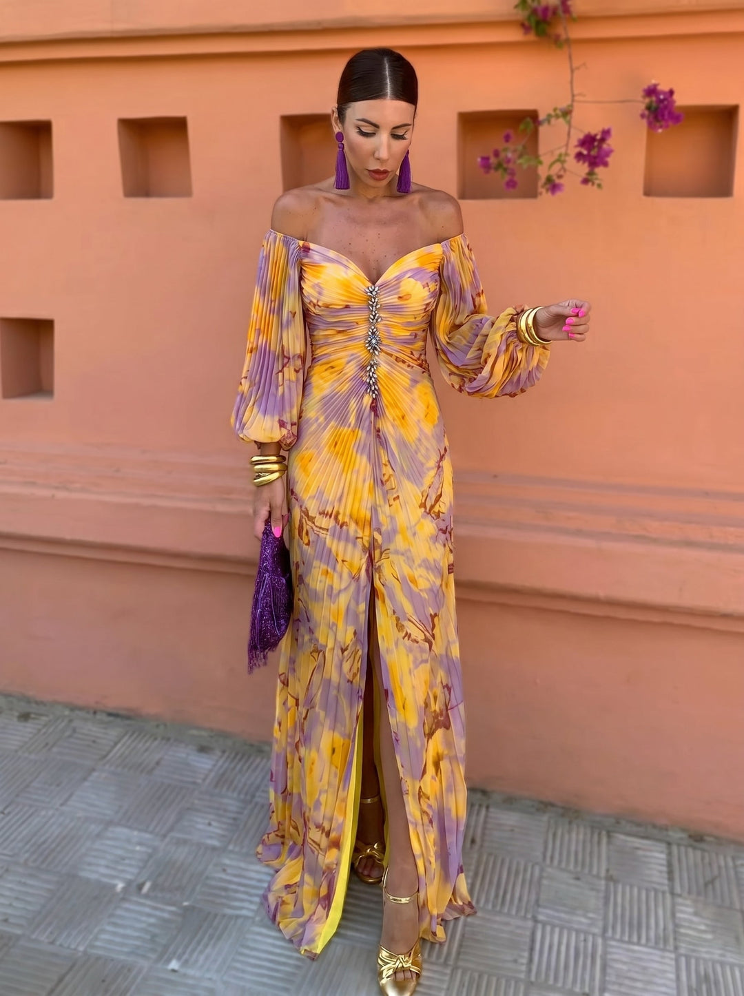 Gregoria™ | Tummy Flattering Long Floral Dress with Deep Neckline