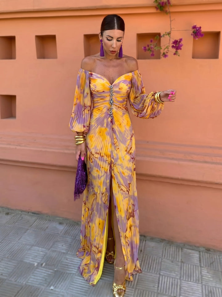 Gregoria™ | Tummy Flattering Long Floral Dress with Deep Neckline