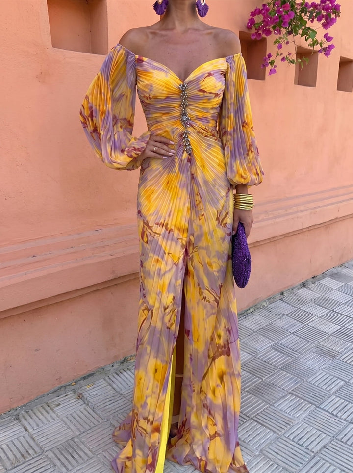 Gregoria™ | Tummy Flattering Long Floral Dress with Deep Neckline
