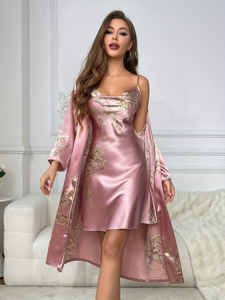 Rosalynn | 2-Piece Floral Satin Camisole &amp;amp; Robe Set