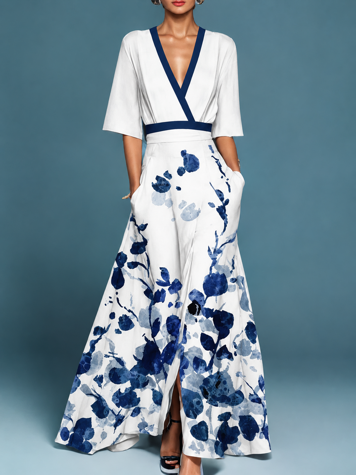 Corinne | V Neck Short Sleeve Floral Maxi Dress