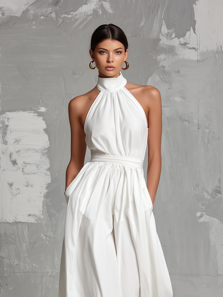 Chloe | Elegant white woven sleeveless halter-neck jumpsuit