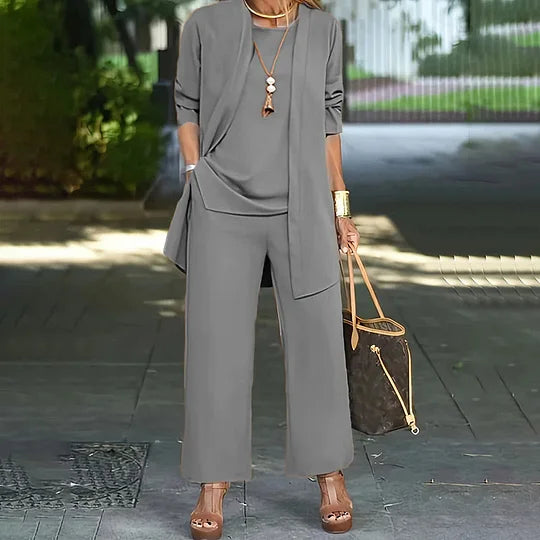 Laney™ Elegant Casual Three-Piece Set | Coordinated Top, Cardigan &amp; Wide-Leg Trousers