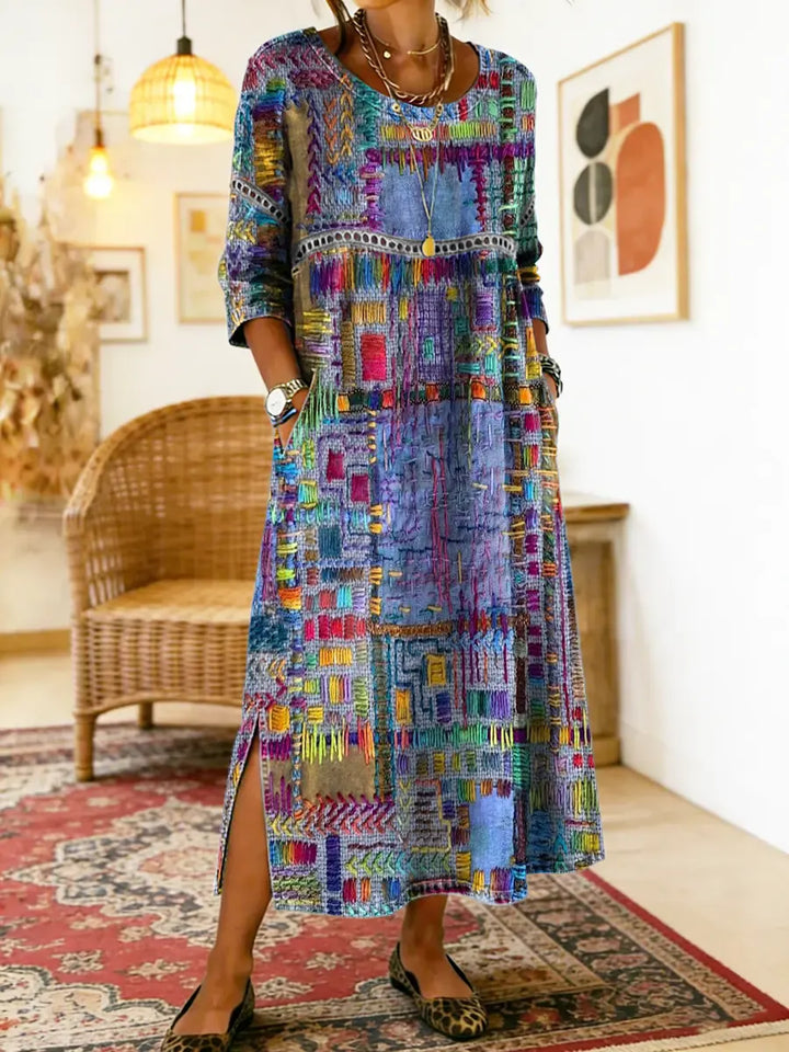 Manuela Printed Dress with Ethnic Patchwork