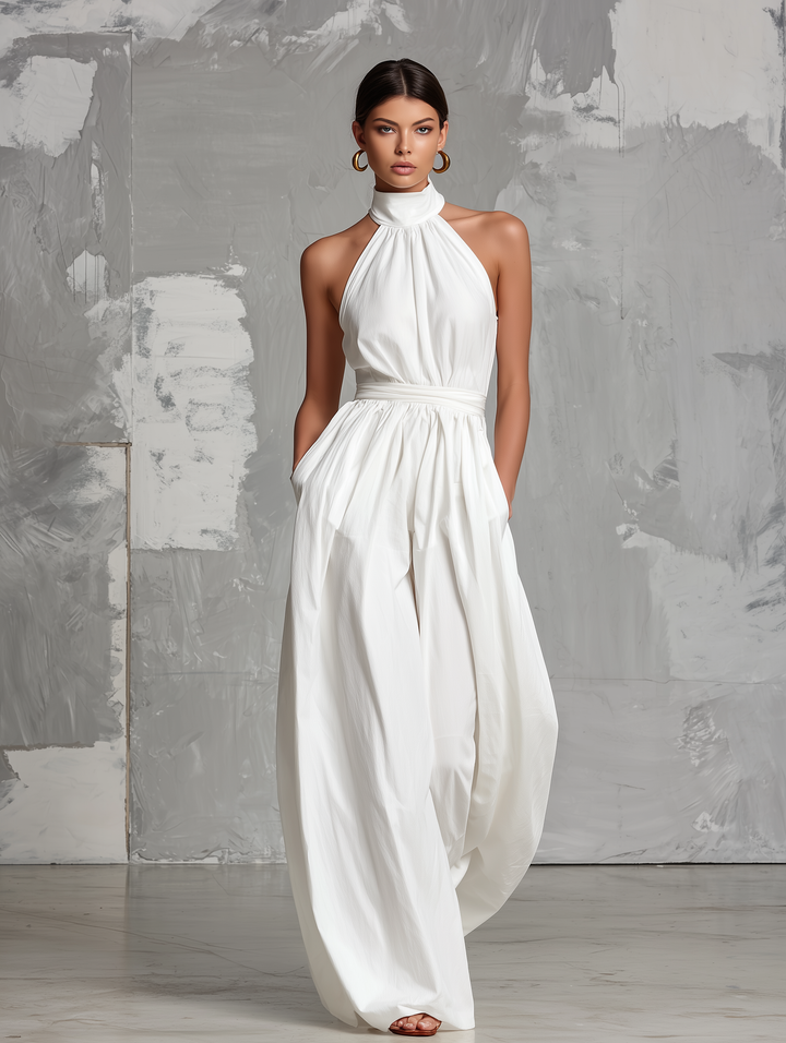 Chloe | Elegant white woven sleeveless halter-neck jumpsuit
