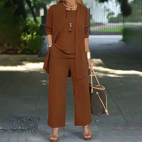 Laney™ Elegant Casual Three-Piece Set | Coordinated Top, Cardigan &amp; Wide-Leg Trousers
