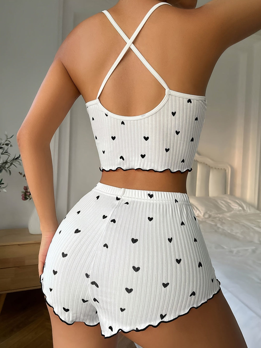 Claire | Heart Print Ruffle Trim Pajama Set