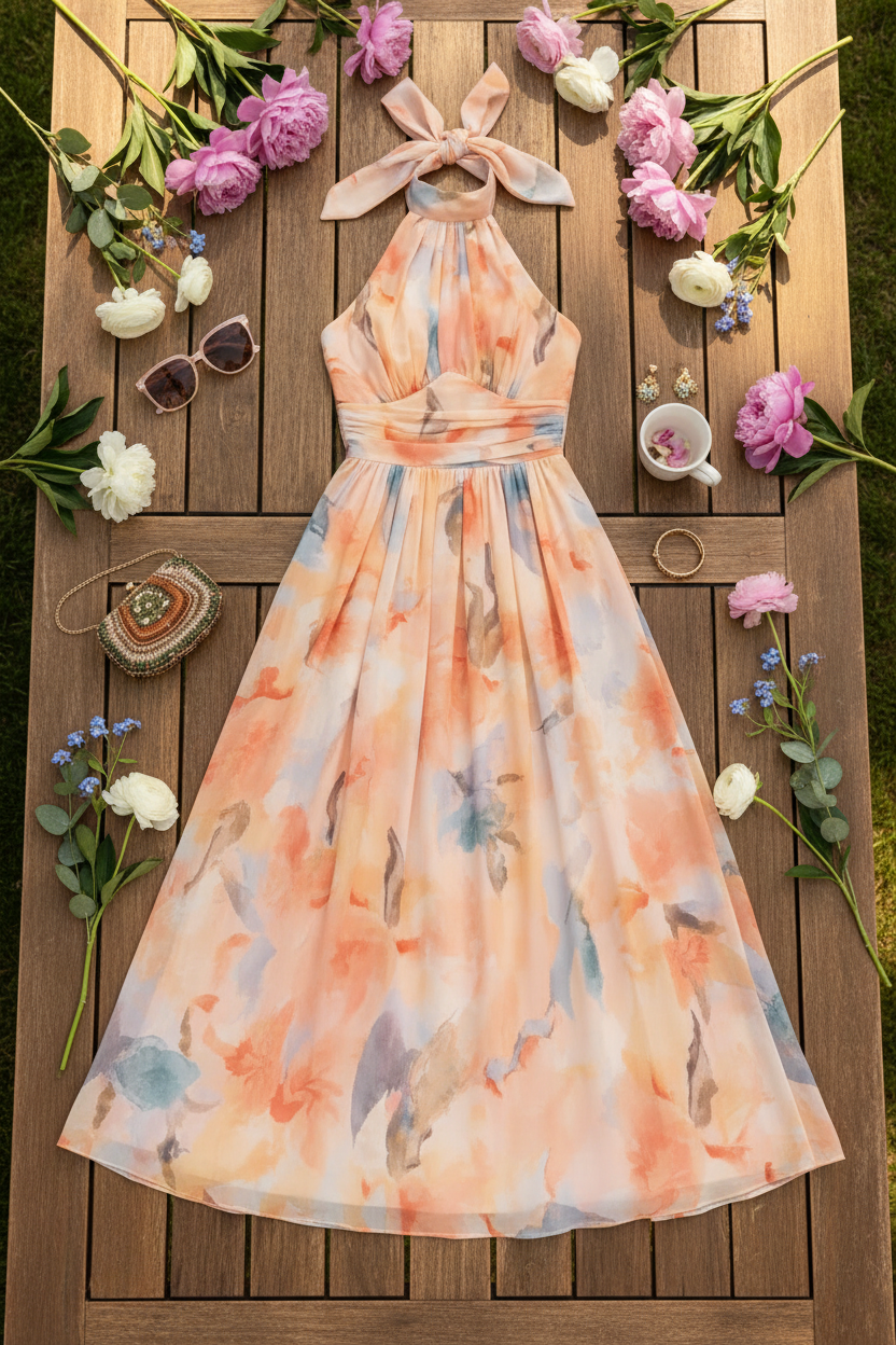 Flowing Halter Neck Dress Lightweight Chiffon
