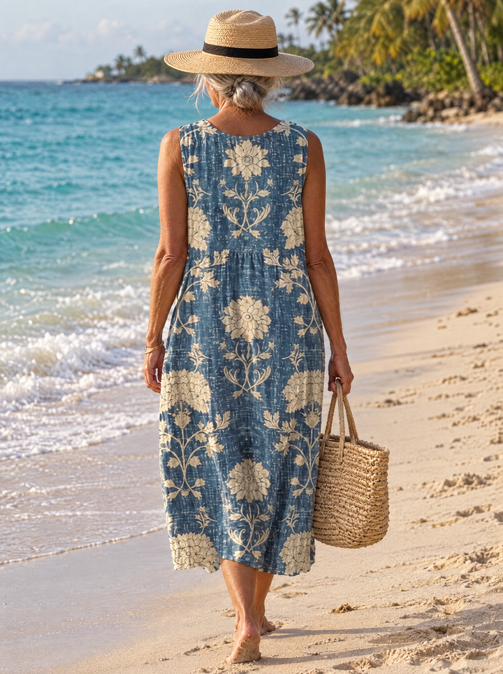 Azura | Blue Damask Midi Dress