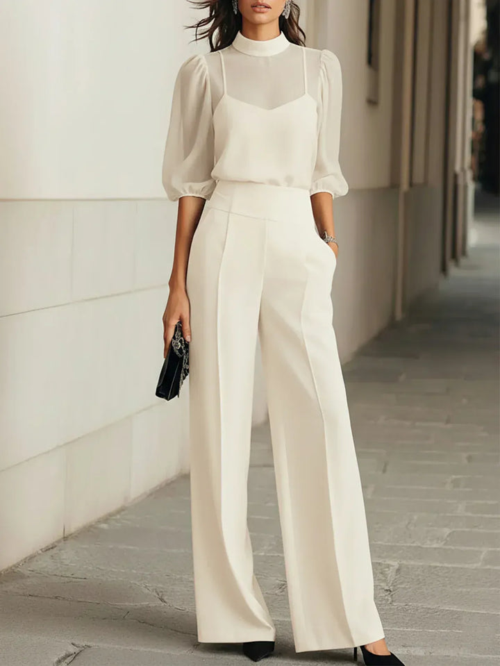 Sophie • Black Three-Piece Set with Sheer Camisole Top and Wide-Leg Trousers