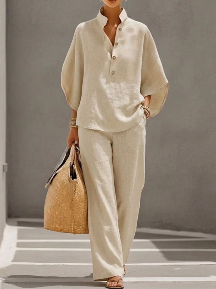 Ava™ – Cotton-linen set with batwing sleeves and wide-leg trousers