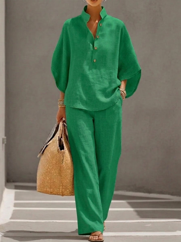 Ava™ – Cotton-linen set with batwing sleeves and wide-leg trousers