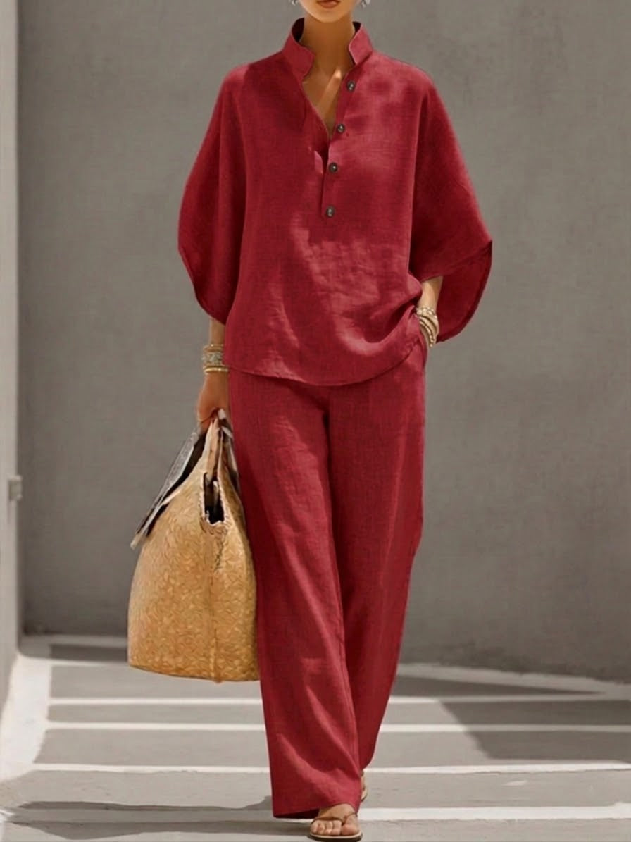 Ava™ – Cotton-linen set with batwing sleeves and wide-leg trousers