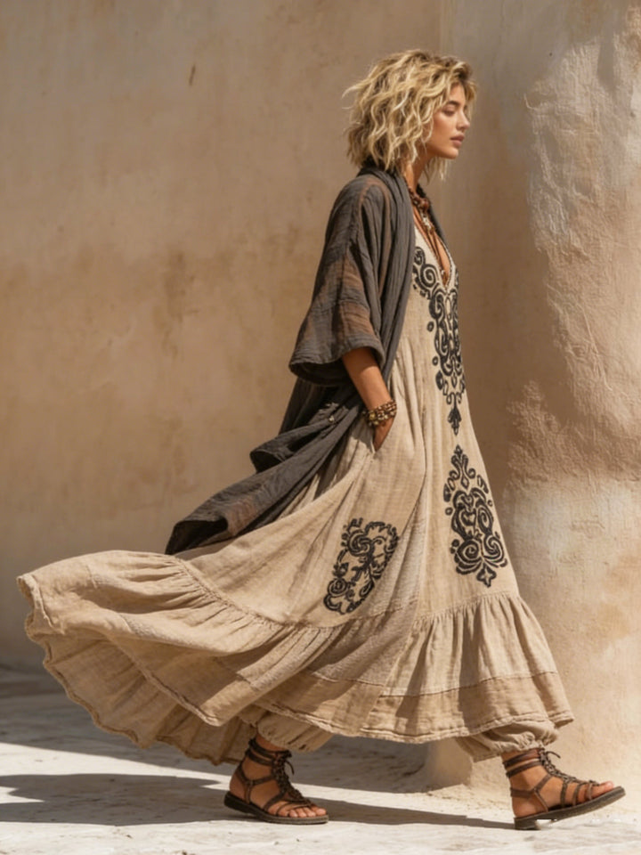 Retro Bohemian Two-Piece Linen Ensemble