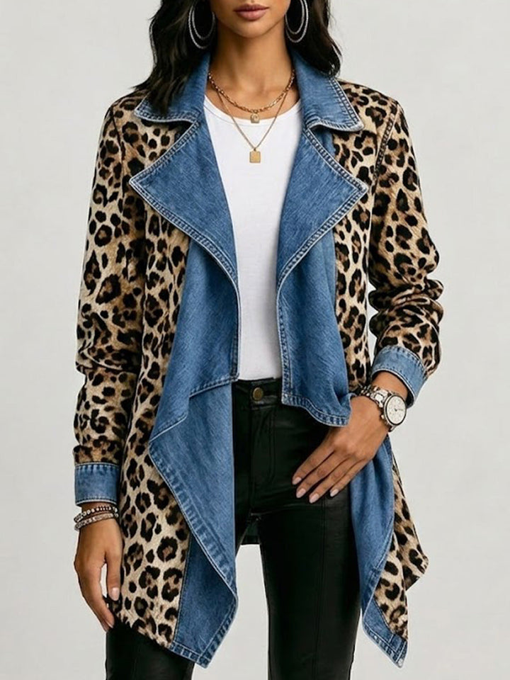 Sherilyn™ | Leopard Print &amp; Washed Denim Paneled Mid-Length Jacket
