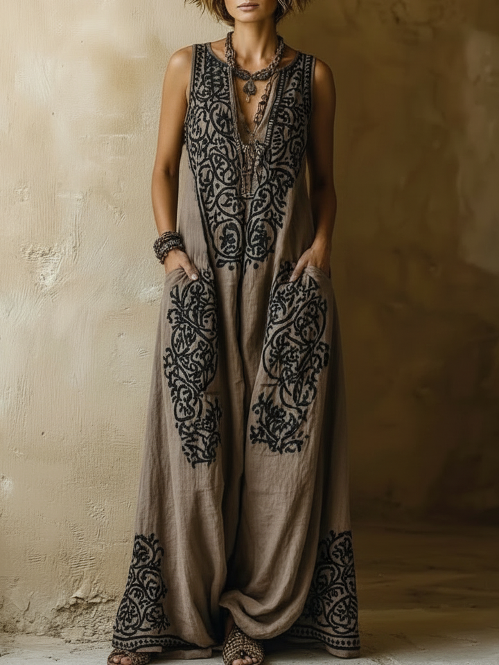 Vintage Bohemian Cotton-Linen Two-Piece Ensemble