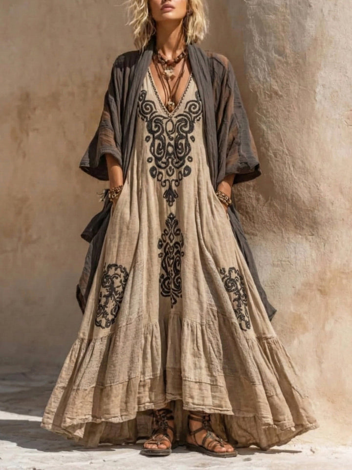 Retro Bohemian Two-Piece Linen Ensemble