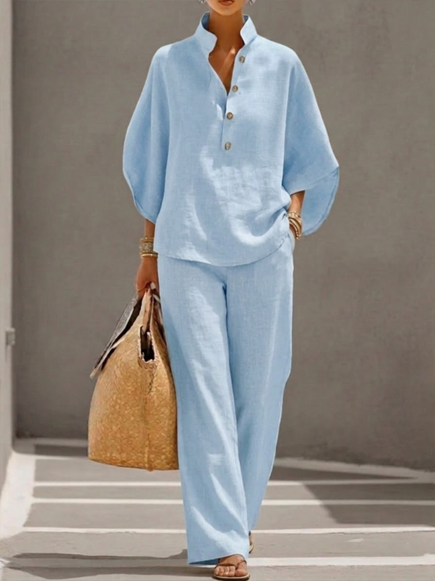 Ava™ – Cotton-linen set with batwing sleeves and wide-leg trousers