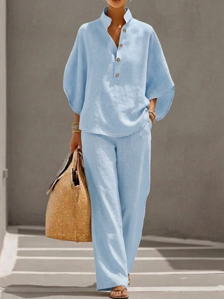 Ava™ – Cotton-linen set with batwing sleeves and wide-leg trousers