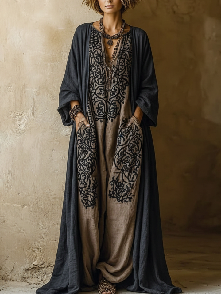Vintage Bohemian Cotton-Linen Two-Piece Ensemble