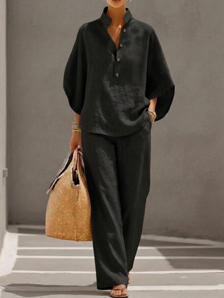 Ava™ – Cotton-linen set with batwing sleeves and wide-leg trousers