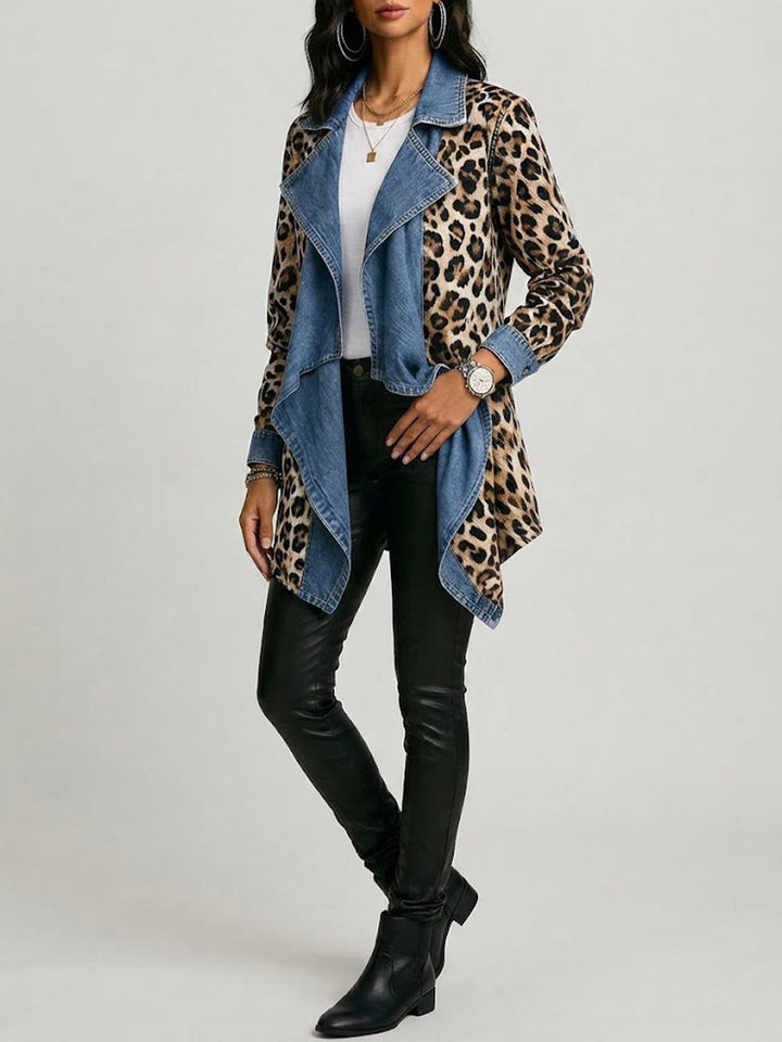 Sherilyn™ | Leopard Print &amp; Washed Denim Paneled Mid-Length Jacket