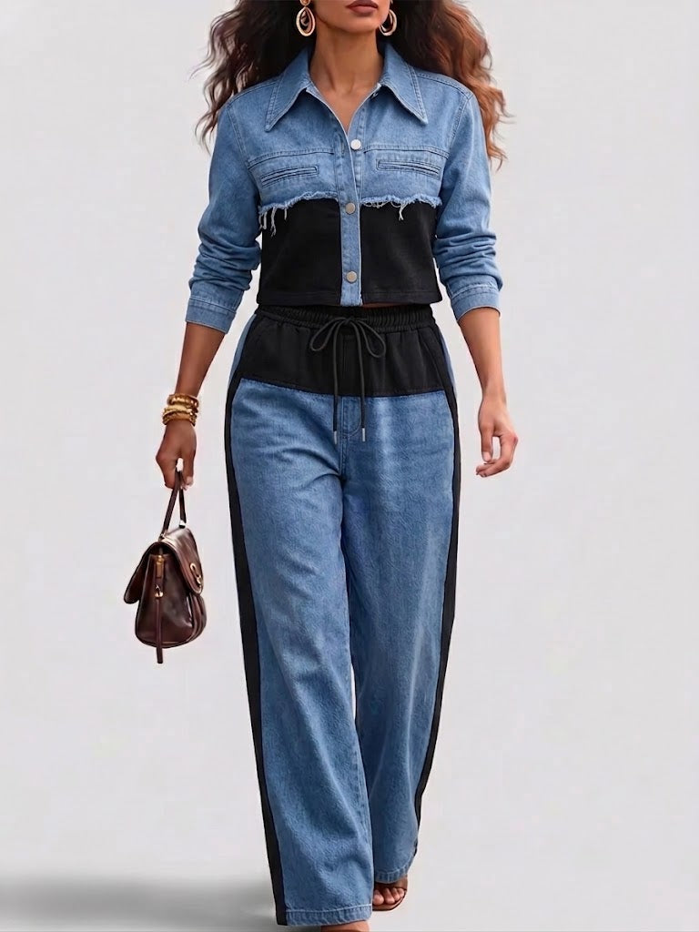 Holbrook™ | Colour-block Cropped Jacket &amp; Wide-Leg Pants Set