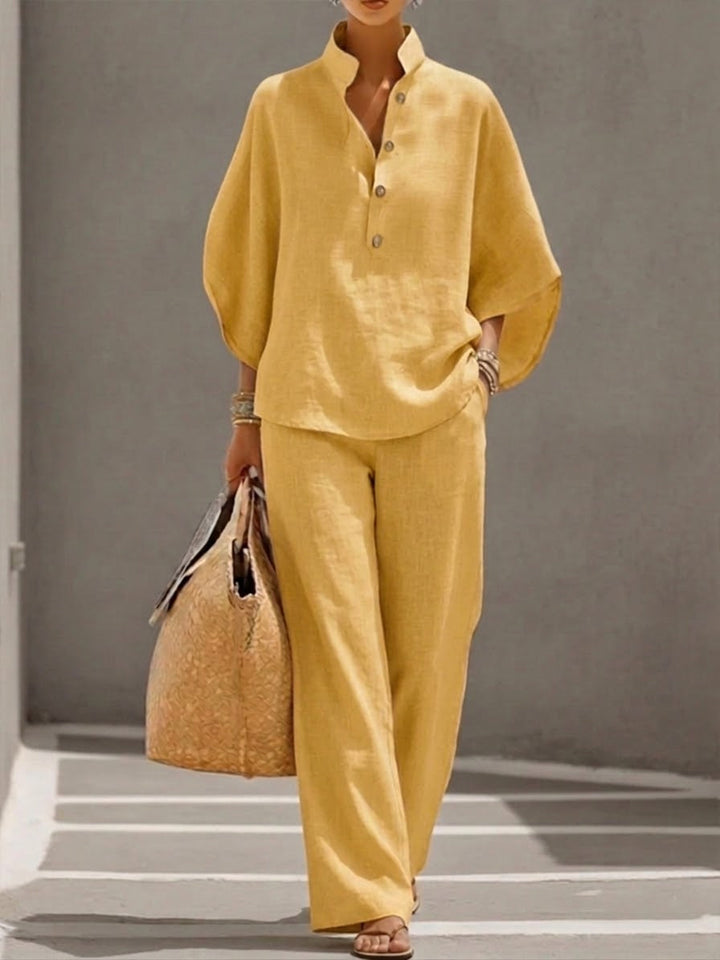 Ava™ – Cotton-linen set with batwing sleeves and wide-leg trousers