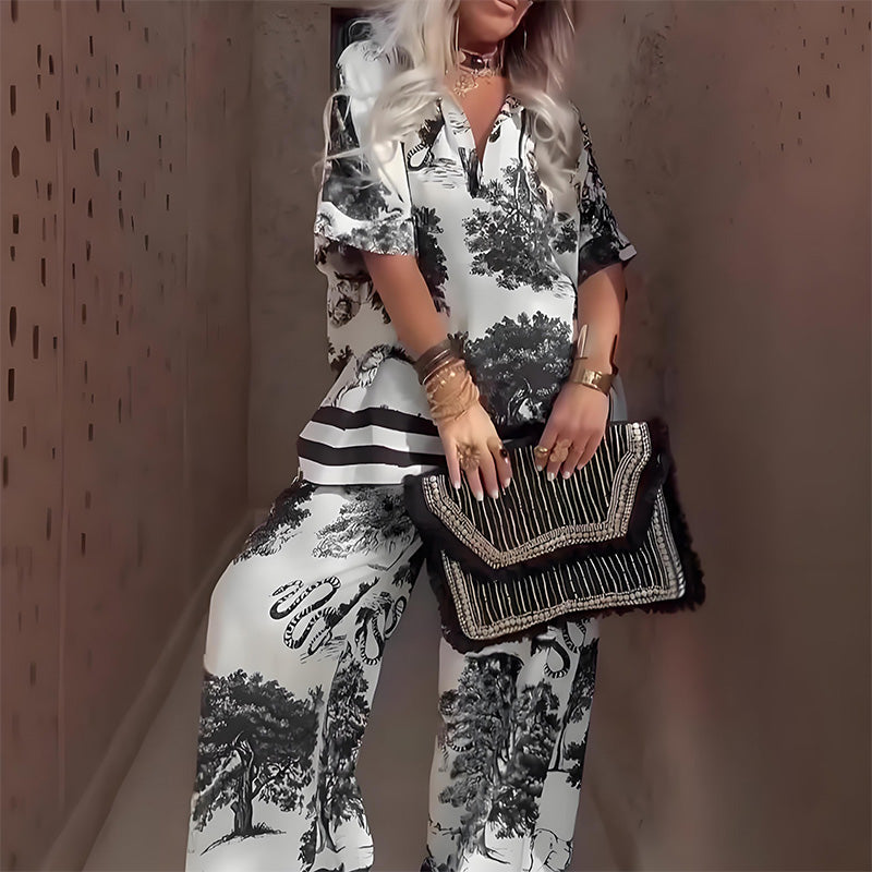 Linette™ Printed V-Neck Top &amp;amp; Long Pants | Two-Piece Relaxed Set
